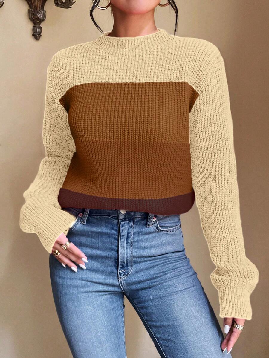 Chiquease Women Stand Collar Long Sleeve Solid Color Patchwork Casual Sweater Knit Pullover Fall Winter Sweater - Apricot - View 1