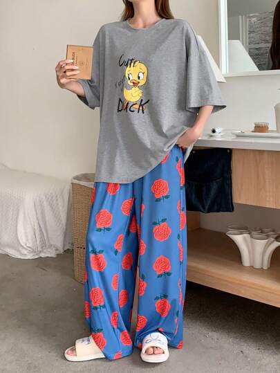 DAZY 可爱卡通鸭子印花短袖上衣和花卉图案宽松睡裤两件套家居服套装