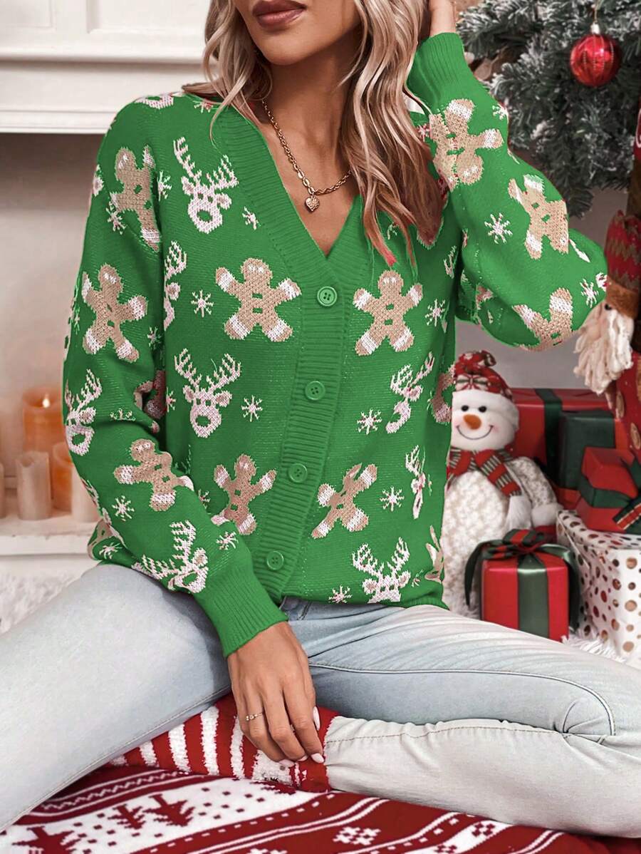 Chiquease Red Reindeer & Snowman Pattern Button Up Cardigan, Casual & Fashionable For Daily Wear - Green - View 1