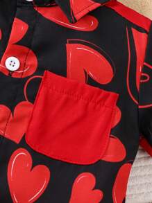 SHEIN 2 Stücke/Set Baby Jungen Lässiges süßes Herz Muster Hemd mit Kragen und Shorts Set - Rot - Übersicht 5