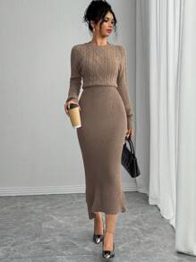 Rafferiza 秋冬季时尚修身圆领长袖保暖麻花针织美人鱼下摆棕色毛衣女连衣裙