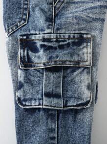 SHEIN Playful Pals 男婴褶皱洗水浅蓝色牛仔直筒时尚休闲裤，带风琴侧袋 - 中等水洗藍 - 查看 3