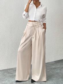 Firerie New Year Women's Elegant Minimalist Sophisticated Vintage Coin High Waist Tie Belt Draped Wide Leg Palazzo Pants, Apricot Color