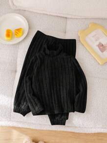 SHEIN 2 件套婴儿/幼儿百搭天鹅绒纹理高领长袖 T 恤和宽松长裤套装，适合家居和户外，秋冬季 - 黑色 - 查看 4