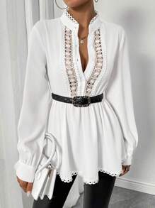 SHEIN Clasi Women's Fashion Regular Shoulder Round Neck White Contrast Lace Waist Long Sleeve Blouse, Autumn/Winter Peplum Top Fall Cloth For Women