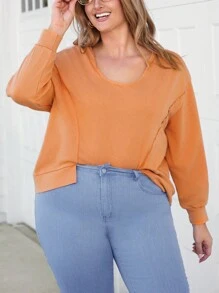 SHEIN LUNE 大码女式橙色缺口领长袖上衣，秋冬假期 - 橘色 - 查看 6