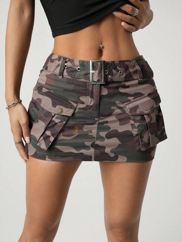 SHEIN ICON Y2k Casual Ultra Low-Rise Camouflage Print Bodycon Mini Skirt With Belt
