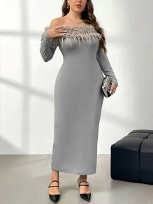 SHEIN Privé 大码优雅浪漫灰色露肩长袖紧身针织连衣裙，适合舞会、聚会、约会、生日、正式场合 - 灰色 - 查看 1