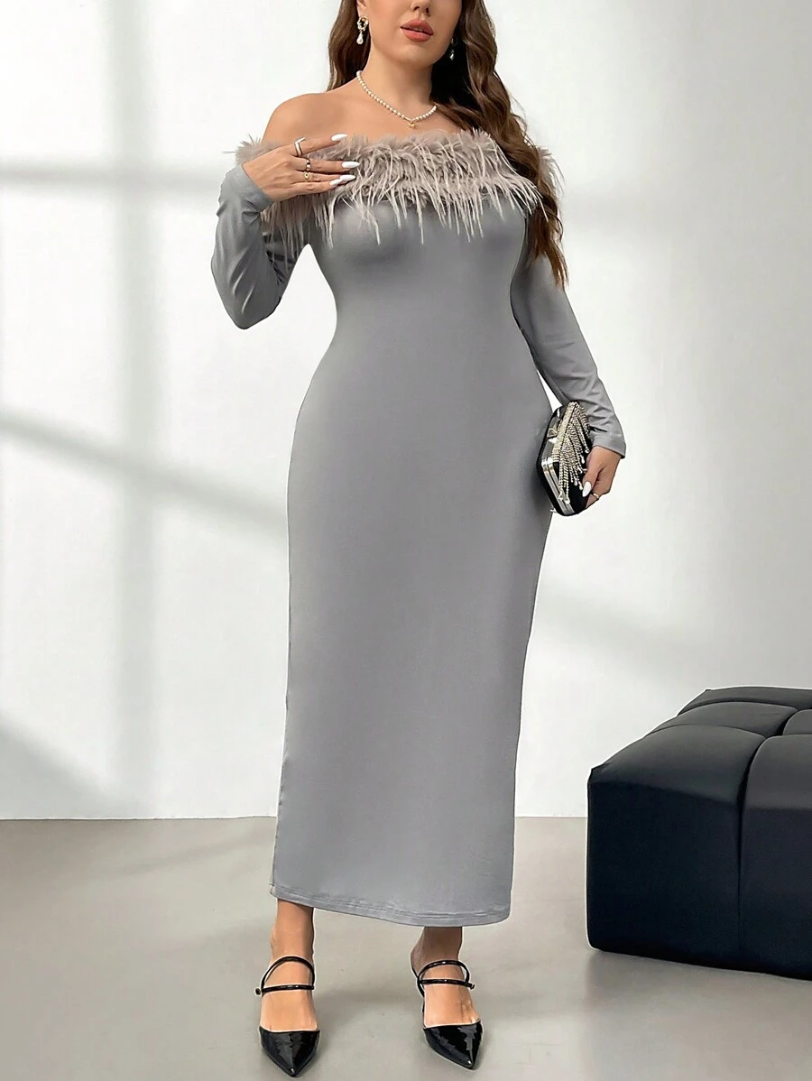SHEIN Privé 大码优雅浪漫灰色露肩长袖紧身针织连衣裙,适合舞会、聚会、约会、生日、正式场合 - 灰色 - 查看 1