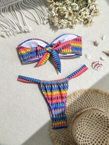 SHEIN Swim Ensemble de brassière bandeau et bikini en tricot rayé avec faux perles pour femmes, parfait pour l'été