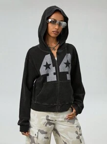 SHEIN EZwear Áo nỉ có mũ trùm đầu thể thao Dark Athleisure Waffle Washed dành cho nữ - màu đen - Xem 3