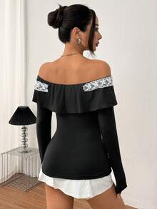 INAWLY Women's Elegant Off-Shoulder Lace Tie-Up Long Sleeve Slim Fit T-Shirt Fall Cloth For Women