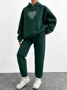 RueChic Conjunto de mujer de 2 piezas con sudadera con capucha de manga raglán con estampado de letras y pantalón de chándal, para otoño/invierno