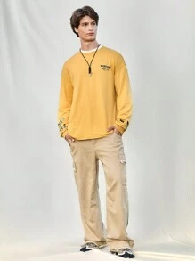Manfinity VCAY Men Knit Loose Fit Long Sleeve T-Shirt, Casual Daily Wear, For Going Out - Yellow - View 4