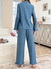 CottageSlumber Ditsy Floral Print Ruffle Trim Open Front Sleepwear Pajama Set Holiday Season, Fall Winter Clothes Cozy And Elegant Details - Blue - View 2