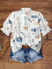 SHEIN LUNE Plus Size Front Button Short Sleeve Allover Print Casual Top, Everyday Wear Fall - Multicolor - View 2