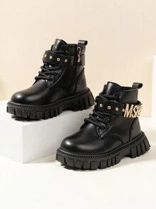 1 Pair Children  Boots, Rivet Rhinestone Decor, Warm Ankle Boots For Girls & Boys, Suitable For Fall, Winter And All Seasons - Black - View 3