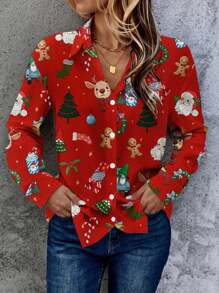 EMERY ROSE Christmas Santa Claus Gift & Reindeer Gingerbread Print Loose Blouse For Women, Autumn/Winter - Red - View 2