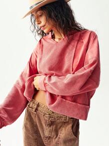 Bohemela Camiseta holgada de mujer de punto con cuello en V de unicolor y parches