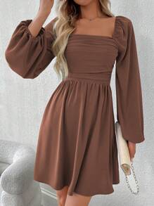 EMERY ROSE Women Square Neck Long Sleeve Ruched Simple Casual Short Dress Fall Cloth For Women - Brown - View 5