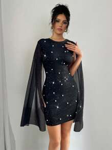 Chiquease Women Rhinestone Glitter Party Banquet Pearl Decor Round Neck Chiffon Slit Maxi Bodycon Dress With Puff Sleeves