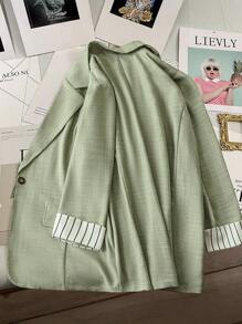 SHEIN Unity 大码简约通勤薄荷绿撞色假口袋 3/4 袖西装外套，春/秋 - 薄荷綠 - 查看 2