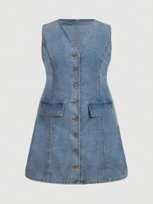 SHEIN MOD Plus Size Women's V-Neck Single Breasted Denim Dress, Sleeveless Waist Defined A-Line Dress