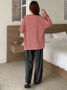 DAZY Graphic Print & Striped Long Sleeve Blouse With Solid Straight Leg Pajama Pants Set
