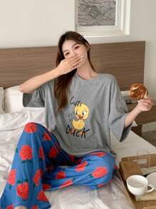 DAZY 可爱卡通鸭子印花短袖上衣和花卉图案宽松睡裤两件套家居服套装 - 灰色 - 查看 6