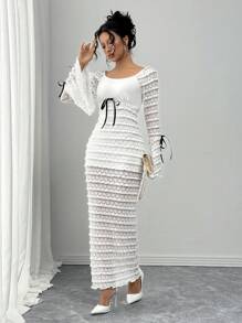Calvaya Romantic Elegant Sexy Lace Splice Flare Sleeve Slim Fit Long Dress Maxi Women Outfit