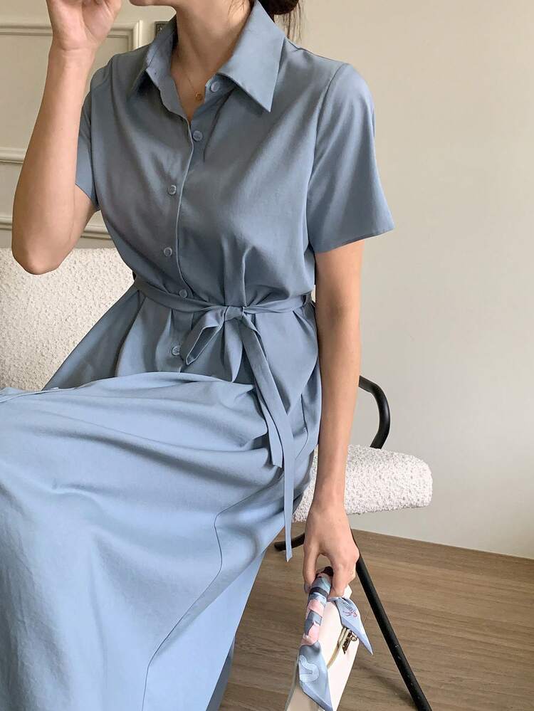 Loose Shirt Collar Short Sleeve Drawstring Waist Casual Dress For Women Sundress