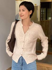 DAZY Women V-Neck Long Sleeve Single Breasted Loose Knit Cardigan - Apricot - View 2