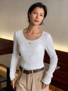 DAZY Women Crew Neck Fitted Seamless Base Layer T-Shirt Long Sleeve Women Tops - White - View 7