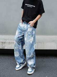 Manfinity Hypemode Men's Casual Floral Print Straight-Leg Jeans - Multicolor - View 7
