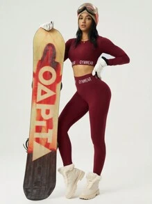 Easithlete Winter Long Sleeve Top & Pants Seamless Ski Sports Suit - Burgundy - View 5