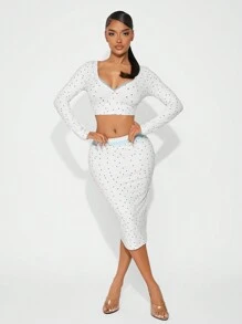 SHEIN SXY 优雅女士性感撞色蕾丝波点白色套装，秋冬 - 白色 - 查看 7