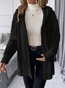 SHEIN Clasi Jaket Fleece Bertekstur Lengan Panjang Berkerudung Warna Polos untuk Wanita Musim Dingin - Hitam - View 8