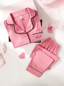 SHEIN Girls Long Sleeve Top And Pants Watermelon Print Casual Two-Piece Pajamas Set