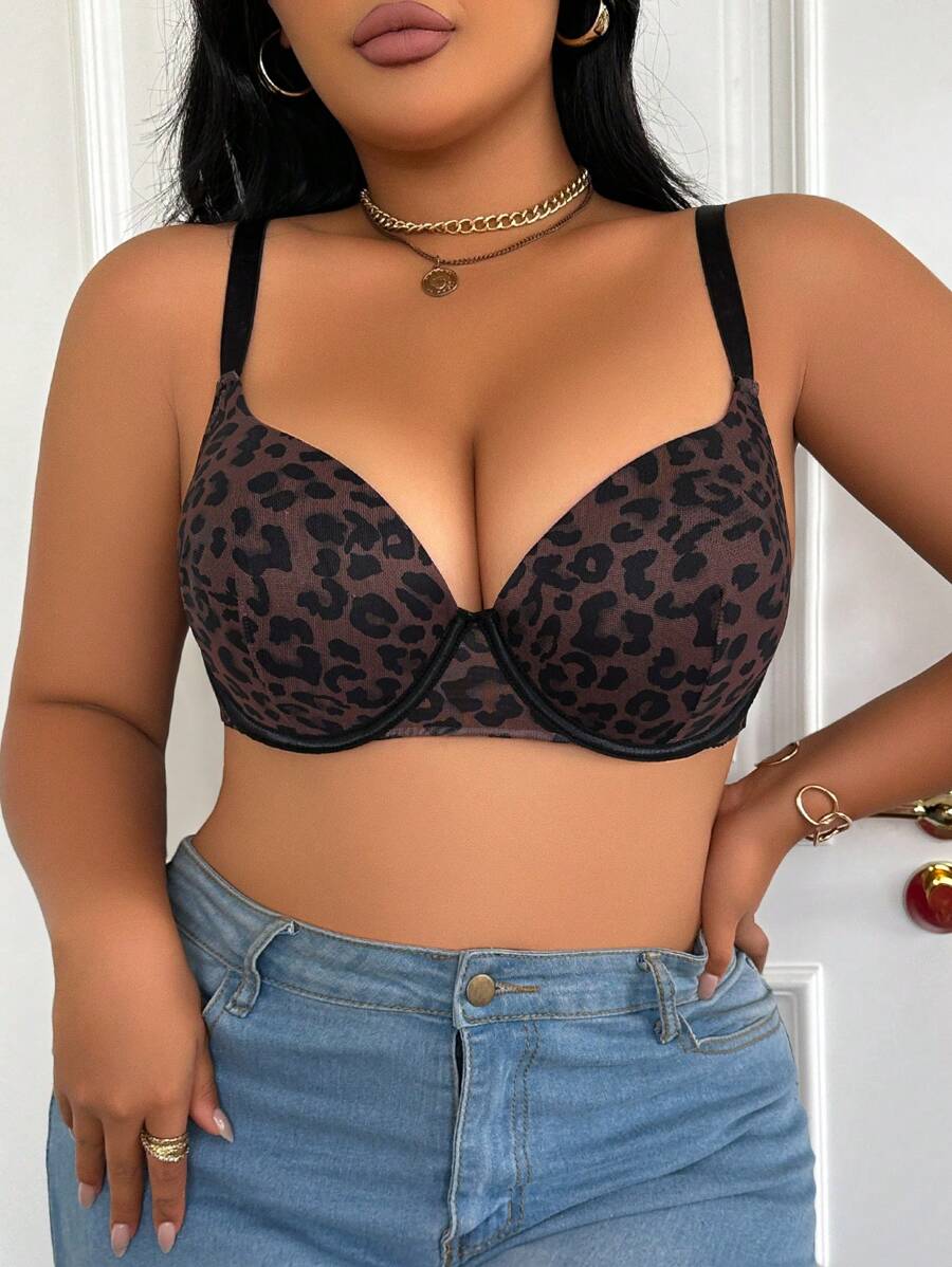 Plus Size Leopard Print Sexy Smooth Push-Up & Wirefree Bra Lingerie, Lift - Multicolor - View 1
