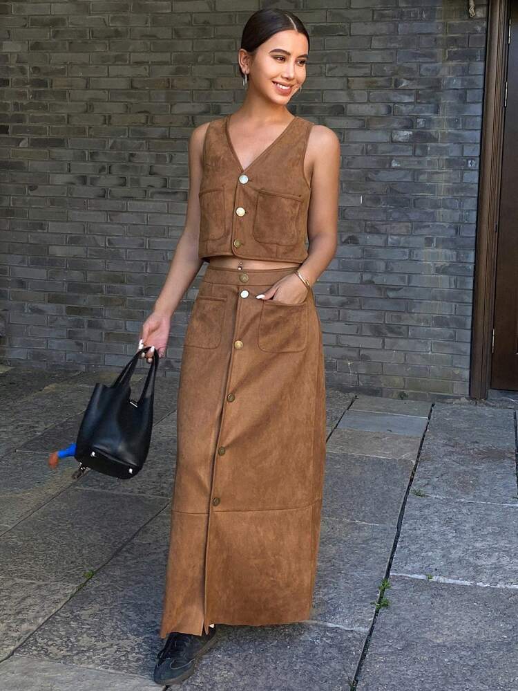 2pcs Solid Color Fitted Sleeveless Top & A-Line Skirt Set For Women Fall,Winter