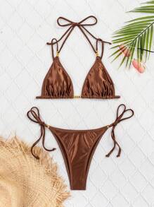 SHEIN X Sofía Suescun Swim Chiccia Women's Summer Beach Solid Color Spaghetti Strap Sexy Bikini Set - Coffee Brown - View 7