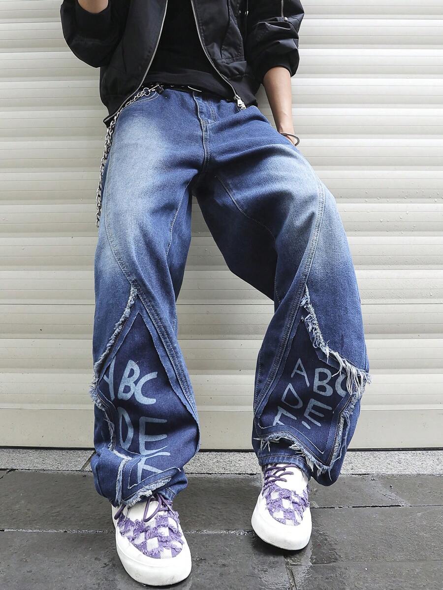 Manfinity EMRG Men's Letter Print Frayed Pocket Wide Leg Casual Jeans - Dark Wash - View 1