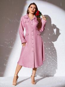 SHEIN Clasi Talla grande Mujeres Suéter navideño de unicolor Botas de punto Aretes Elegante chaqueta de manga larga Regular Otoño/Invierno - Rosa - Ver 3