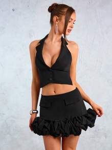 SHEIN SXY New Year Wedding Season Party Elegant Casual Sexy Nightclub Valentine's Day Date Commute Black Short Large Halter Sleeveless Blazer And Ultra Low Waist Line Pleated Puffy Skirt Two-Piece Suit Set - Black - View 4