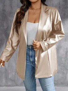 SHEIN Privé 大码女式休闲舒适修身人造皮革长袖夹克，带领子和纽扣，日常穿着