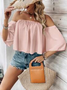 Breezaya 露肩简约纯色休闲衬衫，日常穿着