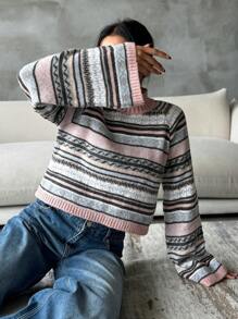 EURMUSE Women's Autumn/Winter Striped Stand Collar Raglan Sleeve Retro Casual Sweater - Multicolor - View 7