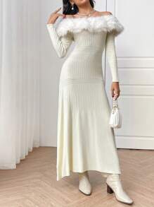 Modelyn Elegant Off Shoulder Fur Collar Sweater Dress For Autumn/Winter - White - View 7