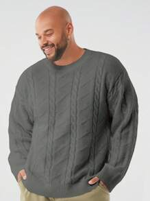 Manfinity NXTstreet Plus Size Men's Loose Fit Crew Neck Cable Knit Long Sleeve Sweater