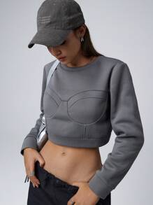 Hanevo Women Casual Cropped Sweatshirt With Seam Design Sportwear For Daily Wear Pullover Fall - Grey - View 5